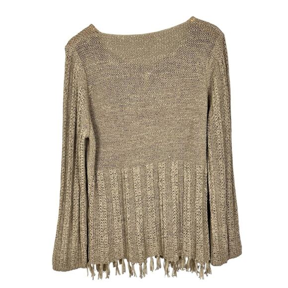 Vintage 90’s Max Studio Boho Tan Knit Long Sleeve Fringe Hem Long Sleeve Top M/L - Picture 4 of 16